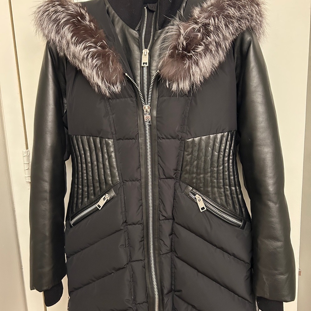 Women's Black Quilted & Leather coat with Fox fur trimmed hood.